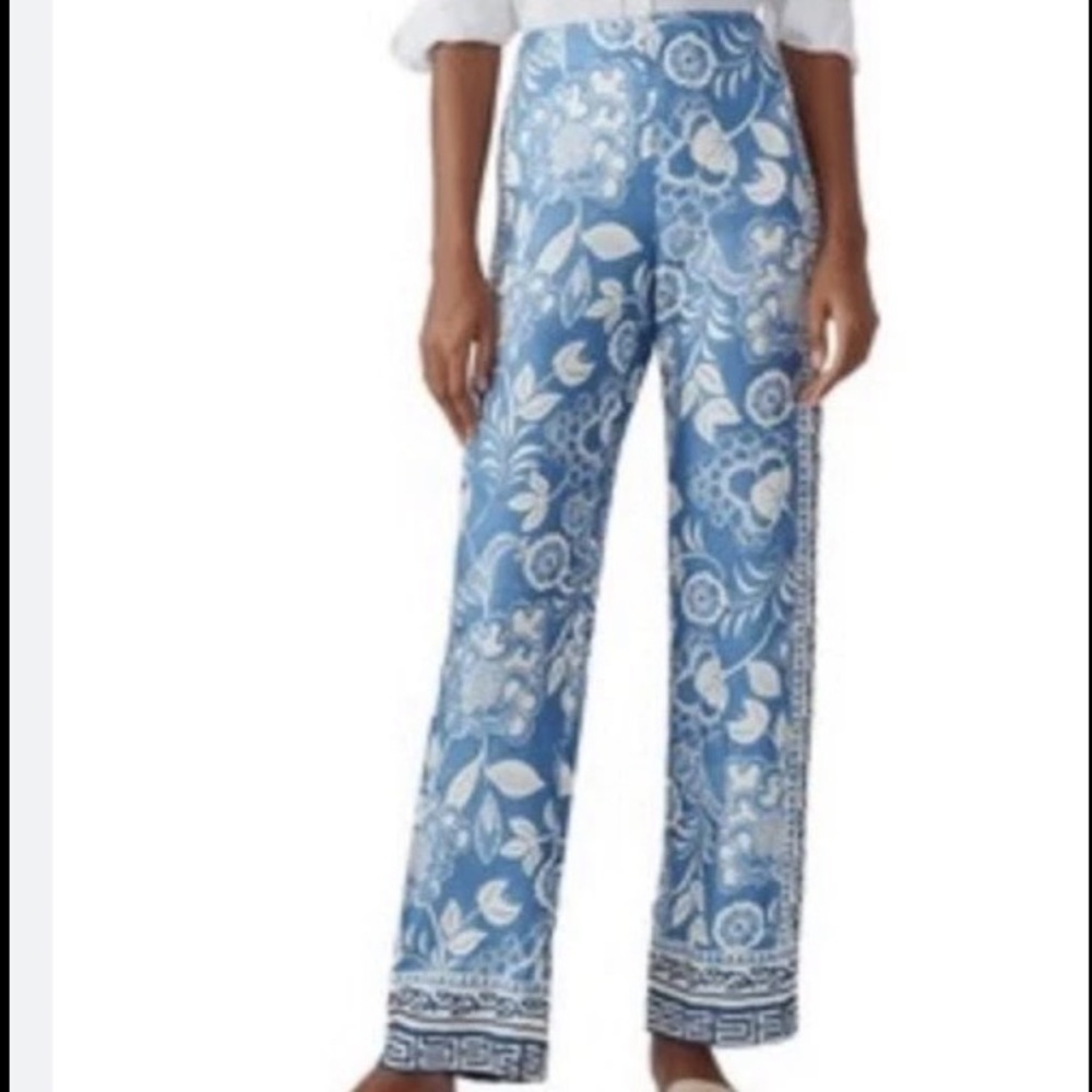 J McLaughlin Carter Pants Blue White Floral SZ 2 Relax Leg Silk Viscose NWT $198
